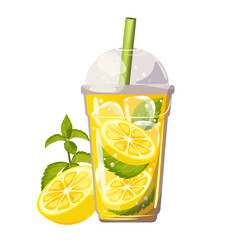 Lemonade with lemon.Summer, cold drink with lemon slices, mint and ice in a plastic cup.Vector illustration.