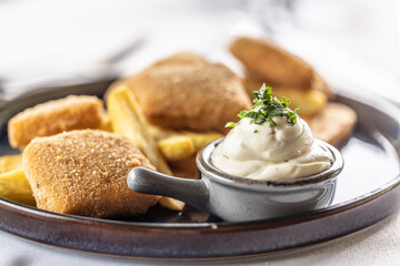 Canvas Print - Fresh homemade mayonnaise as typical side of fried food such as chicken, cheese or chips