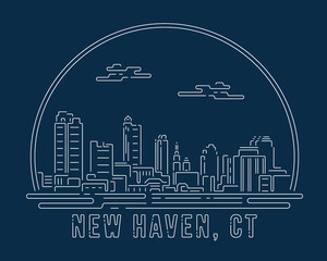 Sticker - New Haven, Connecticut - Cityscape with white abstract line corner curve modern style on dark blue background, building skyline city vector illustration design