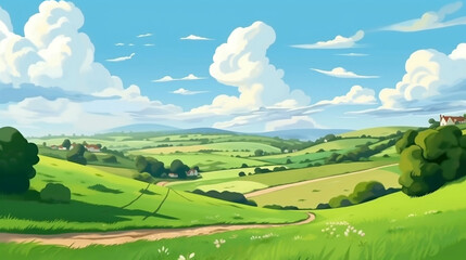 Wall Mural - Landscape of hilds with blue sky and white clouds, cartoon style painting 
