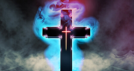 3d rendering holy cross with smoke and neon glowing effect