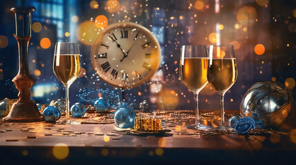 Wall Mural - happy new year background. holiday greeting card design with champagne bottle and festive decoration