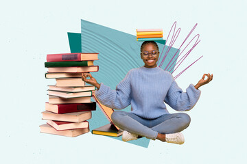 Sticker - Photo collage picture of charming smiling lady practicing yoga enjoying reading book isolated teal color background