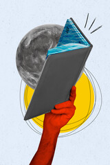 Sticker - Vertical collage picture of red arm hold opened book diary water pages full moon painted sun isolated on creative background