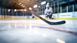© vectorizer88 - Close up of ice hockey stick on ice rink in position to hit hockey puck. Generative Ai