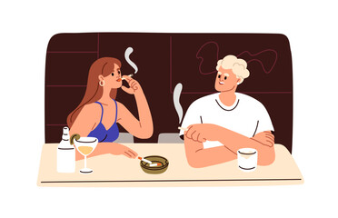 Wall Mural - Couple smoking, sitting at bar table. Young man and woman with cigarettes, talking, relaxing in cafe on date. Addicted people, smokers friends. Flat vector illustration isolated on white background