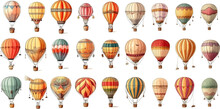 Colorful Vintage Hot Air Balloons, Adventure Vehicles White Background