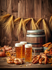 Wall Mural - Oktoberfest poster with beer barrel sausages wheat mug and party flags on wooden background. Generative Ai