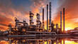 © vectorizer88 - Close up Industrial view at oil refinery plant form industry zone with sunrise and cloudy sky. Generative Ai