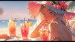 Lofi Girls drinking cocktail on a beach bar, anime illustration background design, Generative AI