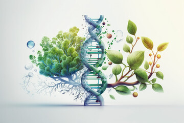 Biology laboratory nature and science, plant and environmental study, DNA, gene therapy, and plants with biochemistry structures on white backgrounds, generative AI