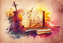 Violin And Sheet Music Score Book Background With An Abstract Vintage Distressed Retro Texture Which Is A Musical Instrument Used For Classical Music, Computer Generative AI Stock Illustration Image