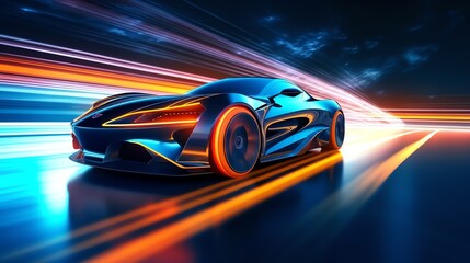 Abstract futuristic racing sportscar on neon background