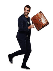 Wall Mural - Happy, corporate and a running businessman with a bag isolated on a transparent png background in a studio. Smile, walking and a young man in a suit with a briefcase for work and walk to meeting