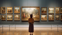 Back View Of Woman In Art Gallery Appreciating Artwork. Generative Ai
