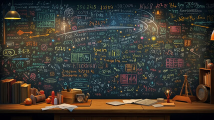 blackboard inscribed with scientific formulas and calculations in physics and mathematics. generativ