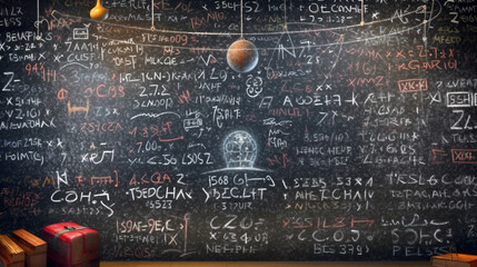 blackboard inscribed with scientific formulas and calculations in physics and mathematics. generativ