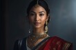 © sirisakboakaew - Lifelike beautiful Asian Indian woman with a striking appearance and traditional outfit poses for hyper-realistic studio portraits.;Generated with AI