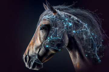Wall Mural - neural network of a horse with big data and artificial intelligence circuit board in the head of the