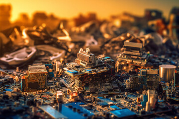 Piles of electronic waste in a landfill, Climate change and environmental degradation, climate change, pollution, bokeh Generative AI