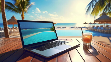 Wall Mural - laptop on wooden table on the beach tropical sea vacation resort internet connection pc online job ,generated ai