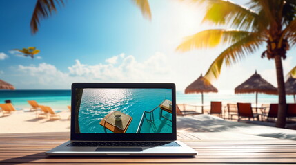 Wall Mural - laptop on wooden table on the beach tropical sea vacation resort internet connection pc online job ,generated ai