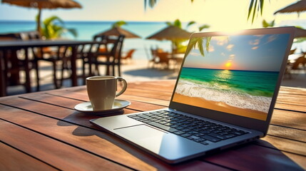 laptop on wooden table on the beach tropical sea vacation resort internet connection pc online job ,generated ai