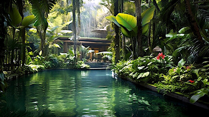 Wall Mural - Swimming pool in beautiful scenery, swimming pool in the jungle, swimming pool in a luxury hotel, relax. Ai illustration, fantasy digital painting, Generative AI