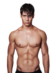 Sexy, body and portrait of a young man with muscle, abs and hot bodybuilder with a serious face. Attractive, confident and shirtless male person with muscles isolated by a transparent png background