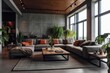 © aboutmomentsimages - Details of a Plush Leather Couch Set in a Modern Loft Living Room