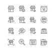 Set of shop management related icons, increase sales, supermarket, boutique, showroom building and linear variety symbols.