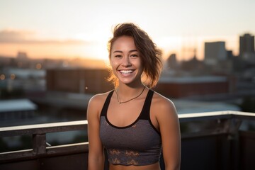 Wall Mural - Environmental portrait photography of a grinning girl in her 30s wearing a cute crop top against a city skyline background. With generative AI technology