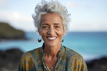 Wall Mural - Medium shot portrait photography of a satisfied mature woman wearing a chic cardigan against a tropical island background. With generative AI technology