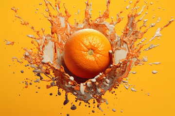 Aufkleber - An abstract surreal photograph of a Tangerine splashed in bright paint, symbolizing freshness and health.  Generative AI technology.