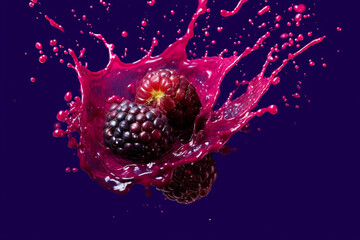 Poster - An abstract surreal photograph of a Boysenberry splashed in bright paint, symbolizing freshness and health. Generative AI technology.