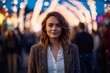 © Markus Schröder - Medium shot portrait photography of a glad girl in her 30s wearing a classic blazer against a vibrant festival background. With generative AI technology