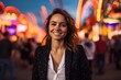 Medium shot portrait photography of a glad girl in her 30s wearing a classic blazer against a vibrant festival background. With generative AI technology