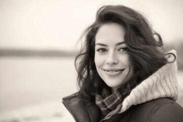 Sticker - Close-up portrait photography of a grinning girl in her 30s wearing a cozy winter coat against a tranquil lake background. With generative AI technology