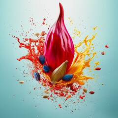 Poster - An abstract surreal photograph of a Cardamom splashed in bright paint.  Generative AI technology.