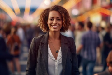 Wall Mural - Medium shot portrait photography of a glad girl in her 30s wearing a classic blazer against a vibrant festival background. With generative AI technology