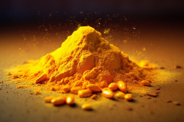 Leinwandbilder - A photo showcasing ground turmeric powder, with its vibrant golden-yellow color.  Generative AI technology.