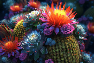 Leinwandbilder - An image showcasing cacti containing mescaline, such as Echinopsis lageniformis, known for their columnar shape, spines, and hallucinogenic properties. Generative AI technology.