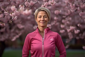 Wall Mural - Medium shot portrait photography of a satisfied mature woman wearing a comfortable tracksuit against a cherry blossom background. With generative AI technology