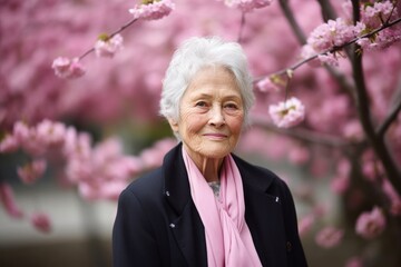 Wall Mural - Medium shot portrait photography of a satisfied old woman wearing a sleek suit against a cherry blossom background. With generative AI technology