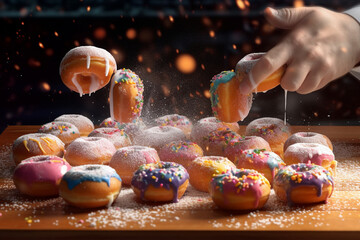 Poster -  An image of a baker sprinkling powdered sugar over a batch of freshly baked donuts, creating a whimsical and mouthwatering visual.  Generative AI technology.