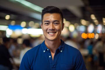 Sticker - Close-up portrait photography of a grinning boy in his 30s wearing a sporty polo shirt against a bustling food court background. With generative AI technology