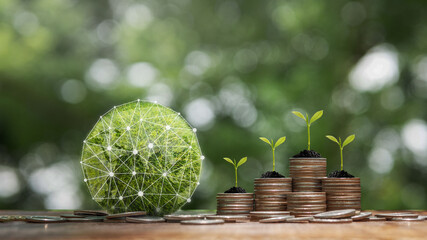 Wall Mural - Green Globe with Network connection and  stack of silver coins the seedlings are growing on top. Concept of Green business, finance and sustainability investment. Carbon credit concept.