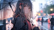 Cute Lofi Girl On Rain, Anime Manga Style Illustration Background Design, Wallpaper, Generative AI