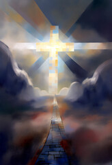 The road to the Kingdom of Heaven which leads to salvation and paradise with God shown in an abstract cubist style painting for a poster or flyer, computer Generative AI stock illustration image