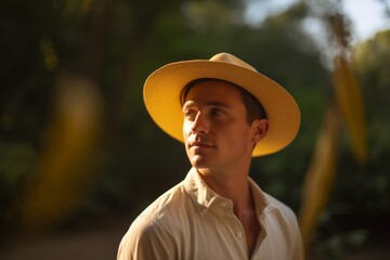 Poster - Environmental portrait photography of a glad boy in his 30s wearing a stylish sun hat against a serene meditation space background. With generative AI technology